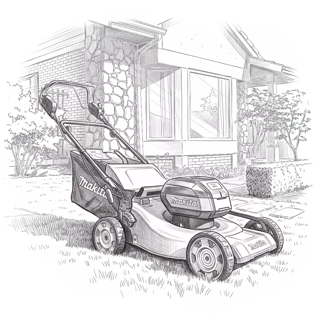 Illustration of a battery-powered lawn mower in a suburban garden
